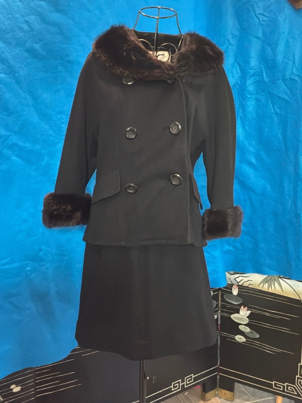 Vintage 60s Black Wool Mod Suit Real Mink Fur Collar Cuffs Best Shops Charlotte